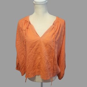 A New Day Womens M Linen Blouse Tie Neck Balloon Sleeves Orange Boho Hi Low